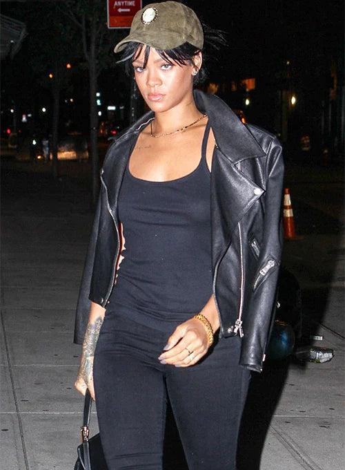 Rihanna rocks a fierce black leather jacket in UK style