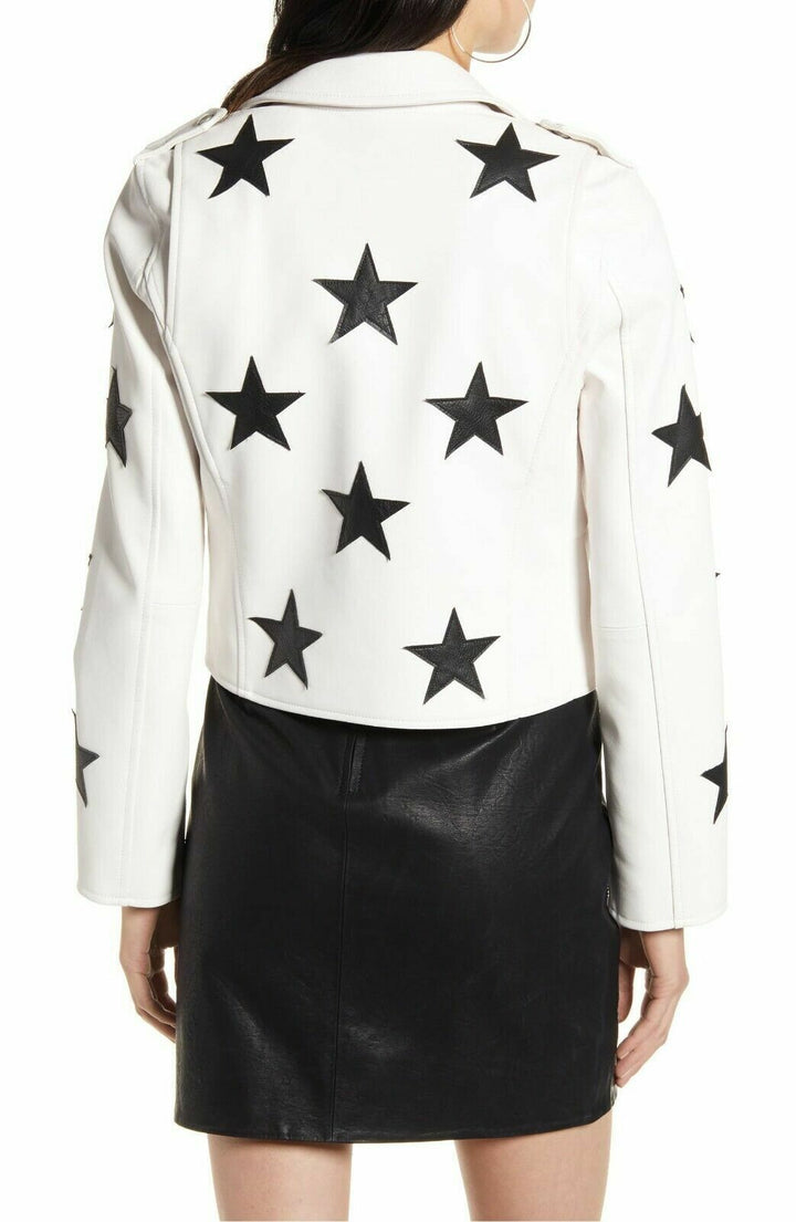 Fashionable White Leather Outerwear with Black Star Embellishments in France style